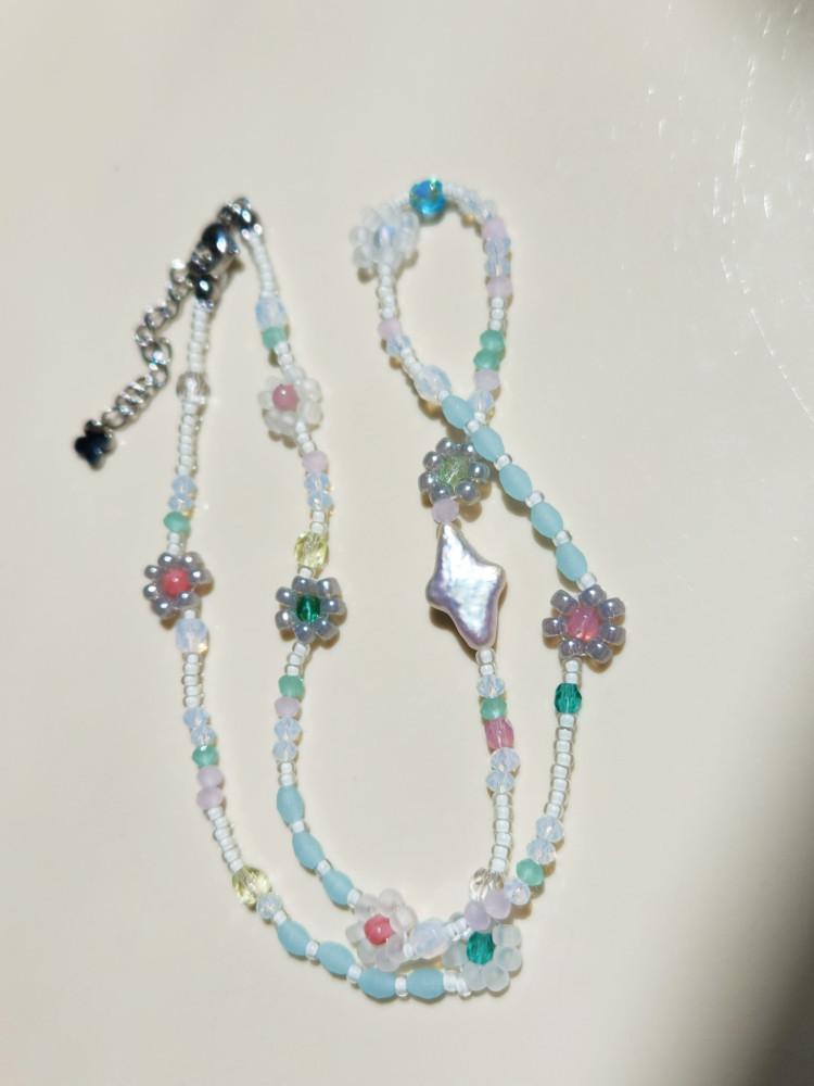 (핑거플로우) 바로크 진주 매트 소다 블루 크리스탈 비즈 목걸이