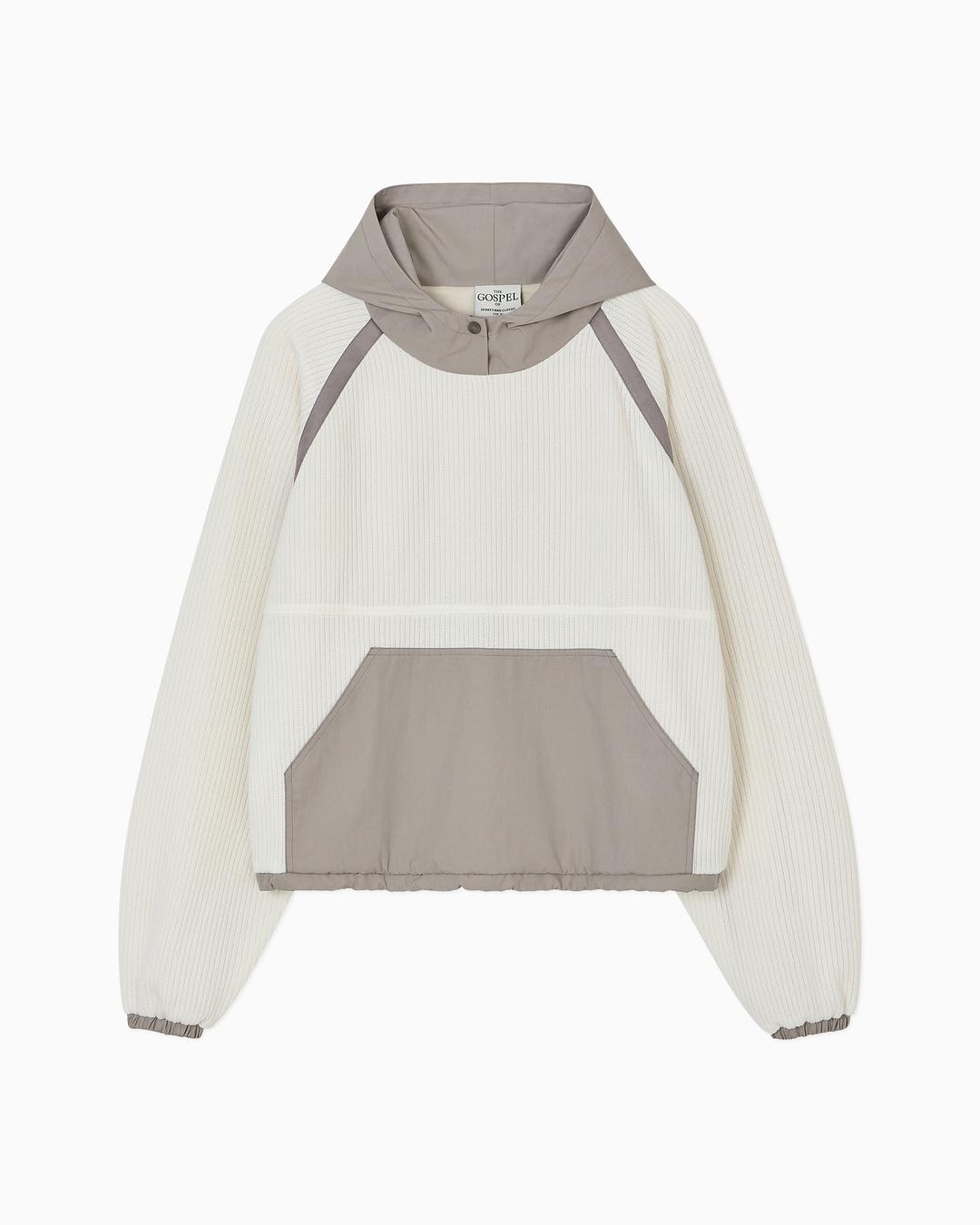 WOVEN BINDING KNIT HOODIE / IVORY GRAY