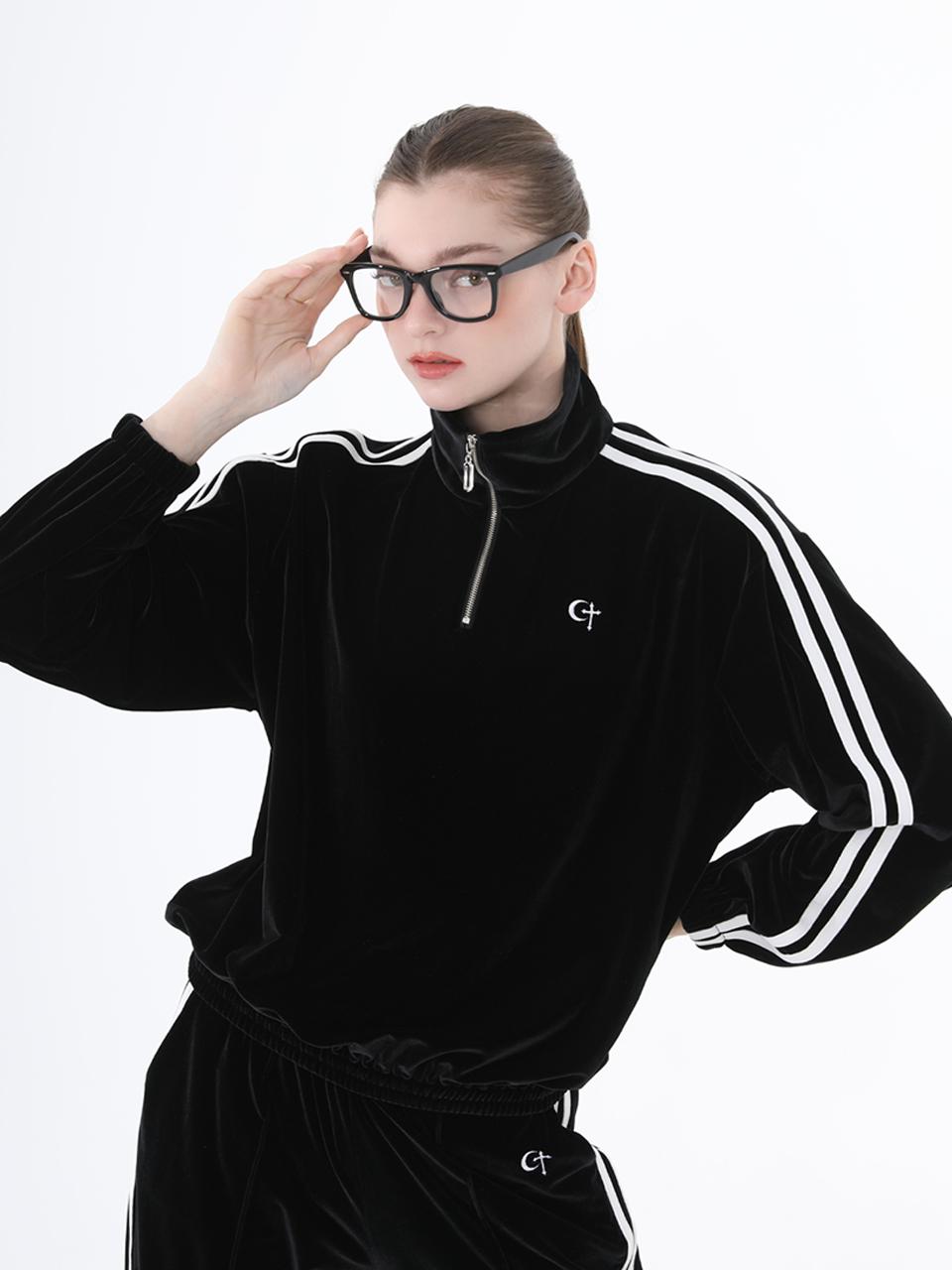 0 3 lazy day velvet zip-up top - BLACK