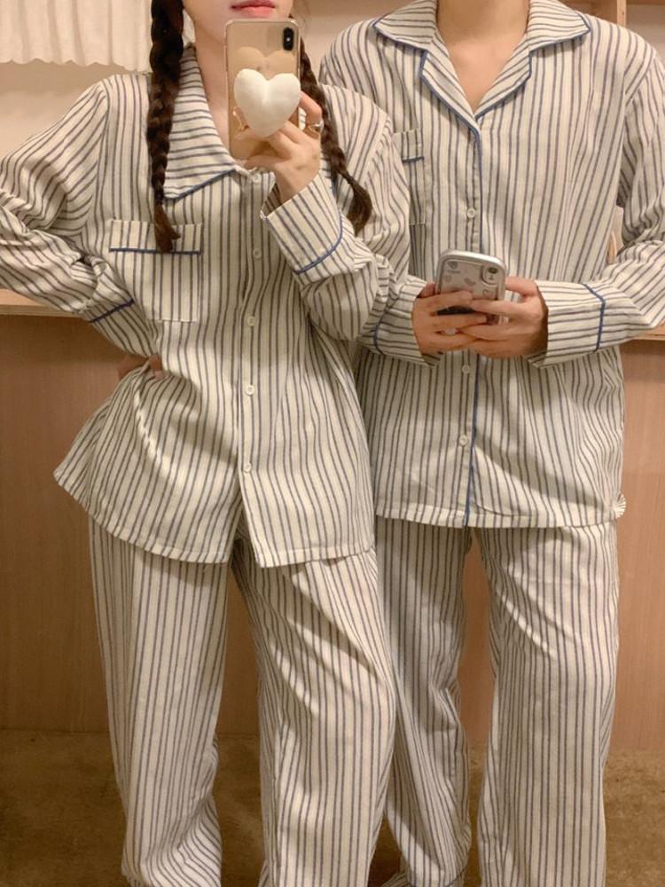 줄지 긴팔커플잠옷 오버핏 신혼 여행 선물 스트라이프 홈웨어 줄무늬 파자마