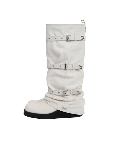 Bold Wrinkled Belted Long Boots [ White ]