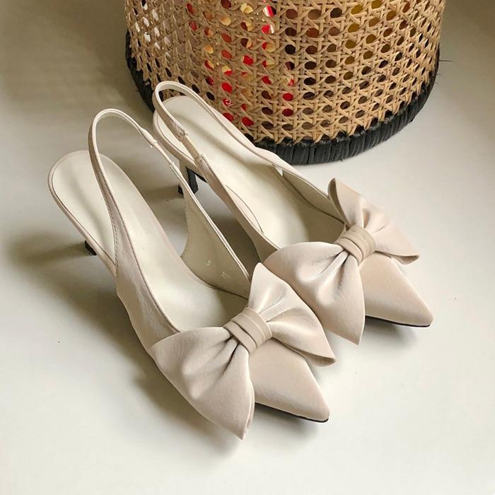 HS1520 뾰족코 러블리 리본장식 슬링백 미들힐 7cm