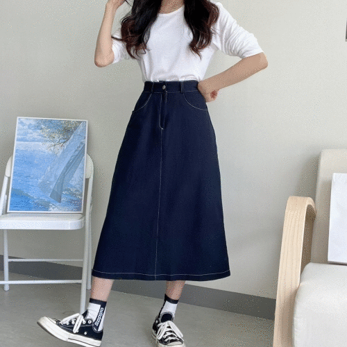 💛A라인핏💛진스 린넨 코튼 뒷밴딩 롱스커트 /밴딩스커트/데님스커트/생지스커트/코튼스커트/핀턱스커트/봄치마/여름스커트/플레어스커트/린넨스커트/출근룩/데이트/하객룩/청치마/롱청치마