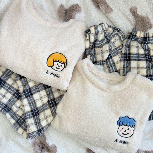 큐티커플 양털 체크 바지 빅사이즈 수면 잠옷 세트