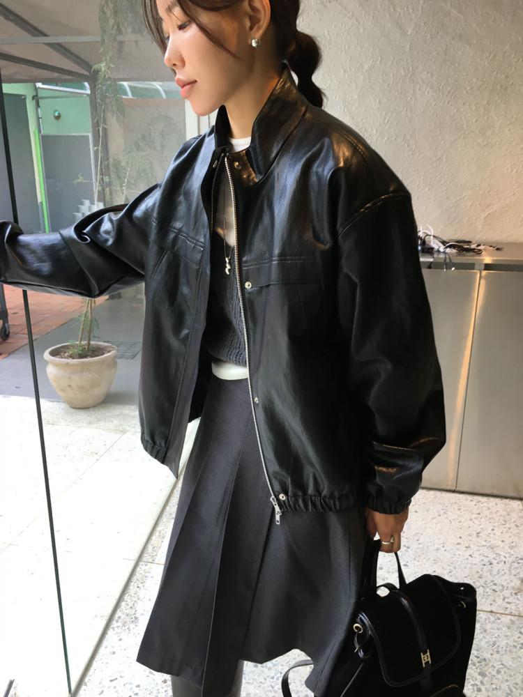 하이넥 레더 블루종 블랙