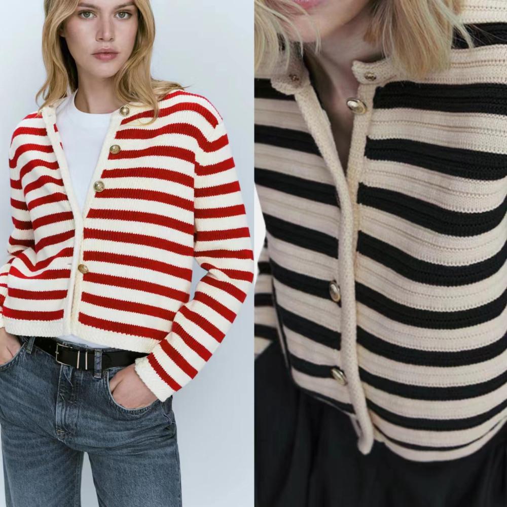 마시모두띠 라운드넥 버튼 스트라이프 니트 가디건