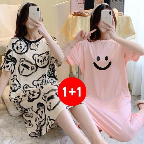 마쿠쿠 1+1 세트 곰돌이 스마일 면 혼방 여성 잠옷 홈웨어 원피스 반팔 롱 티셔츠 - 티셔츠 | 쿠팡