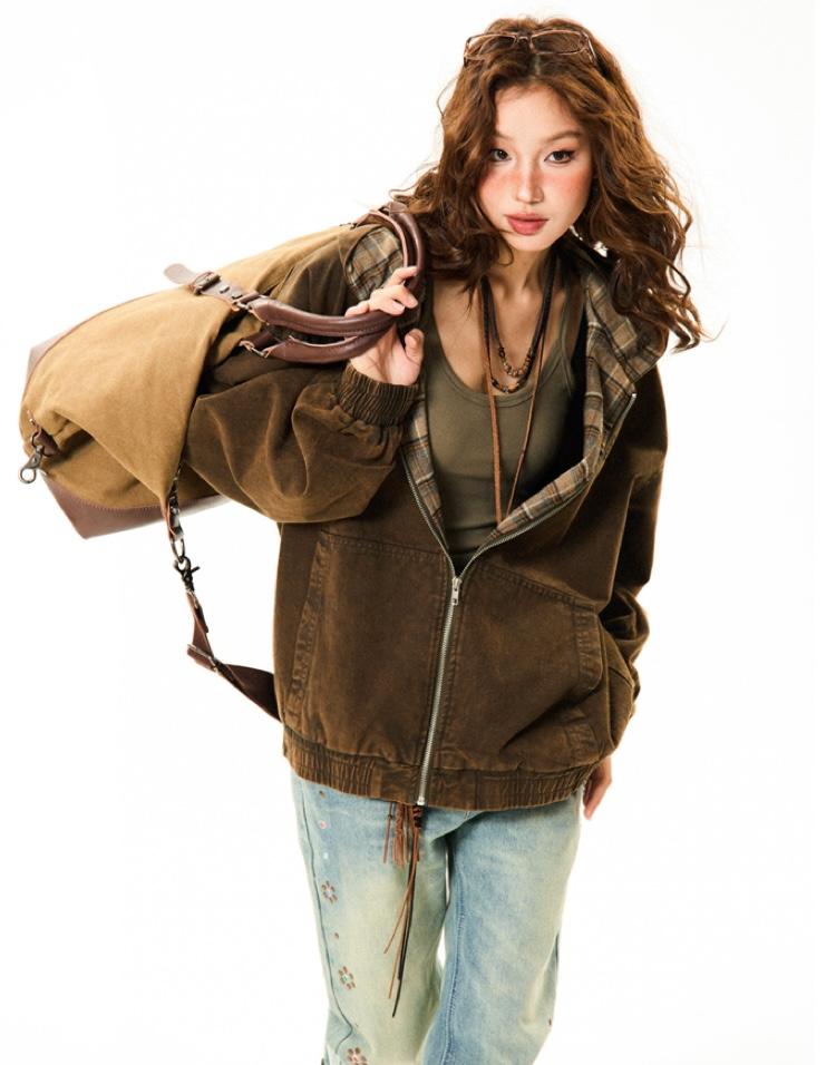 YOUNG STAGE Plaid Lined Hoodie Jacket