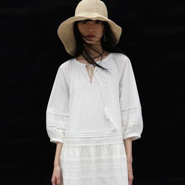 SSCAPE lace stitching bubble sleeve loose long dress