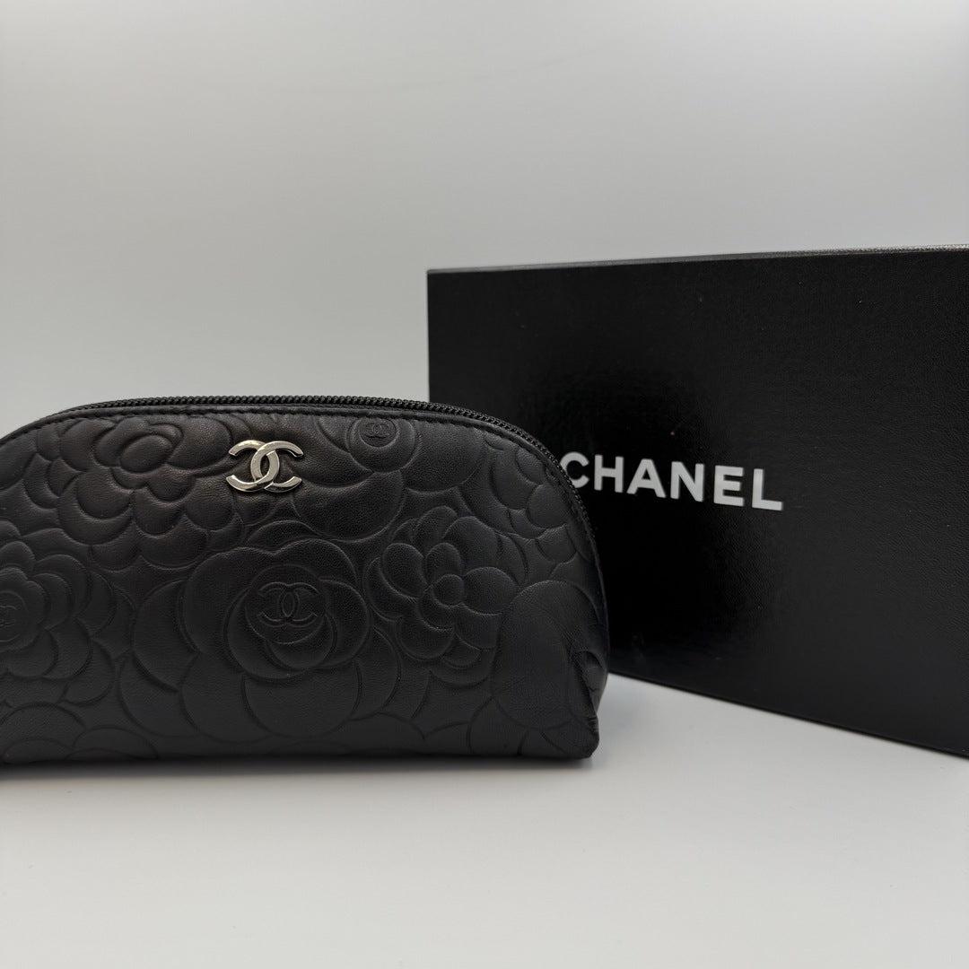 2012 Chanel Camellia Black Leather Cosmetic Pouch
