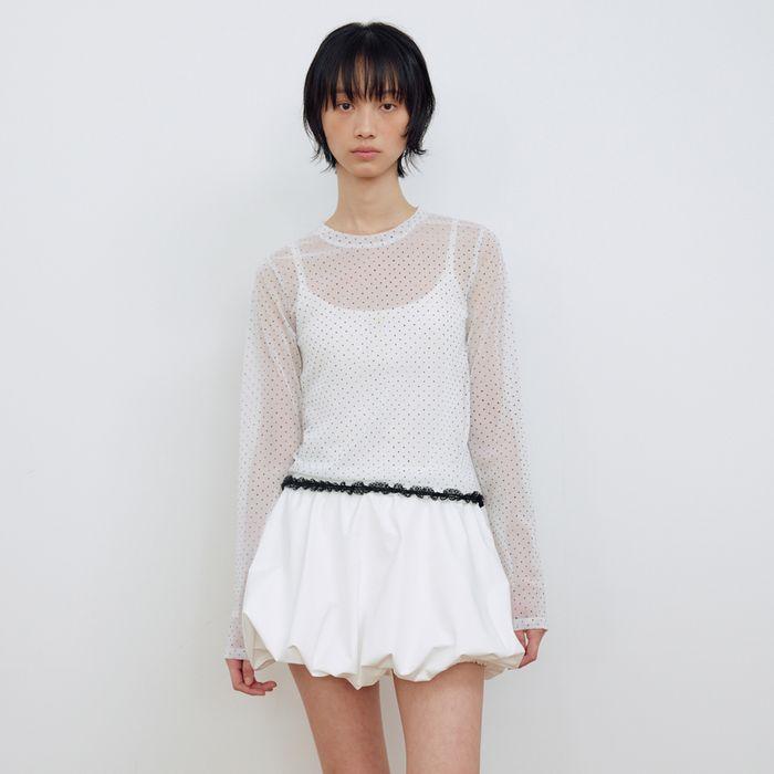 DOT MESH SHEER LONG SLEEVE TOP_WHITE