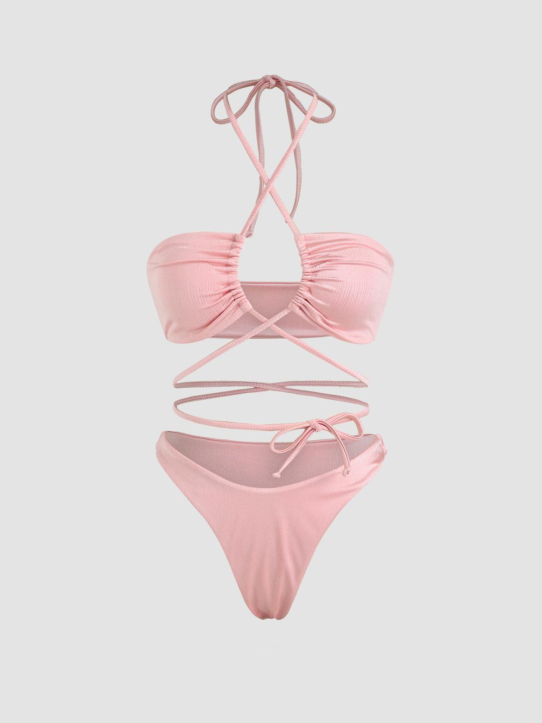 Solid Criss Cross Halter Bikini Set