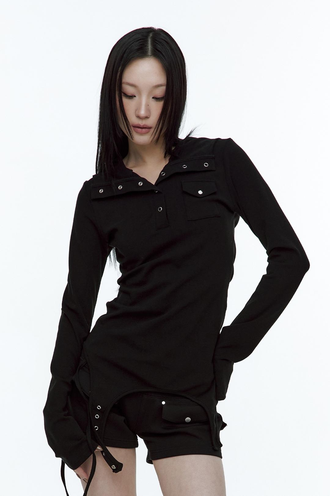 Garter Hooded Henley Top Black
