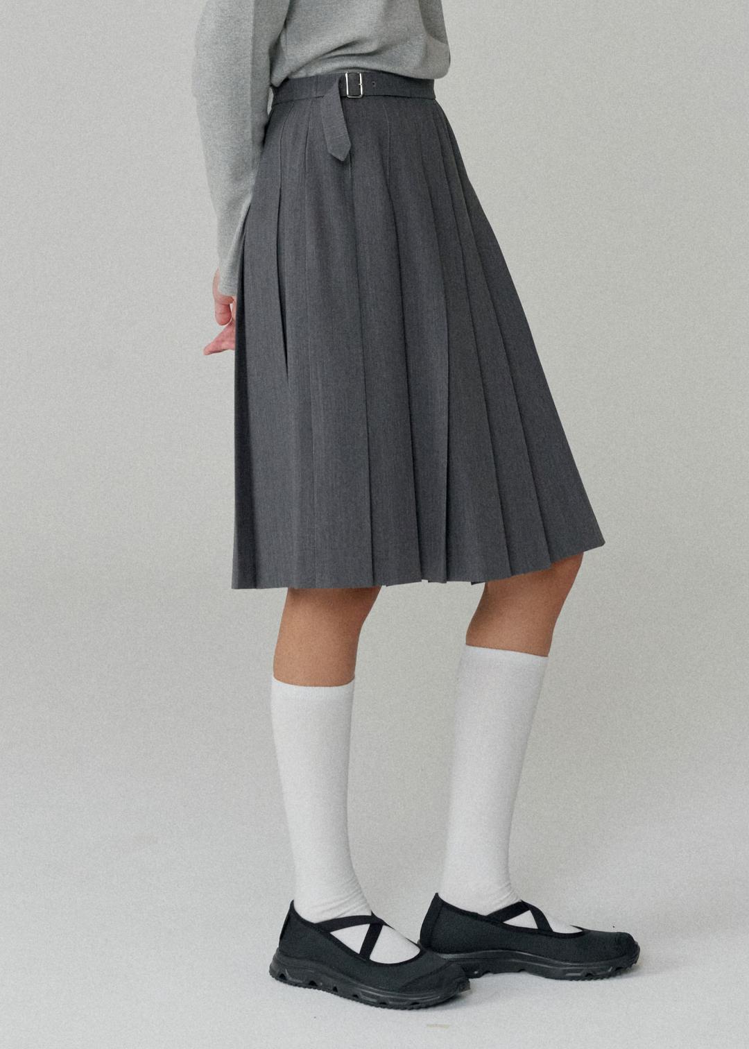 [프리오더 10/14출고] Belted wool pleated skirt_Grey