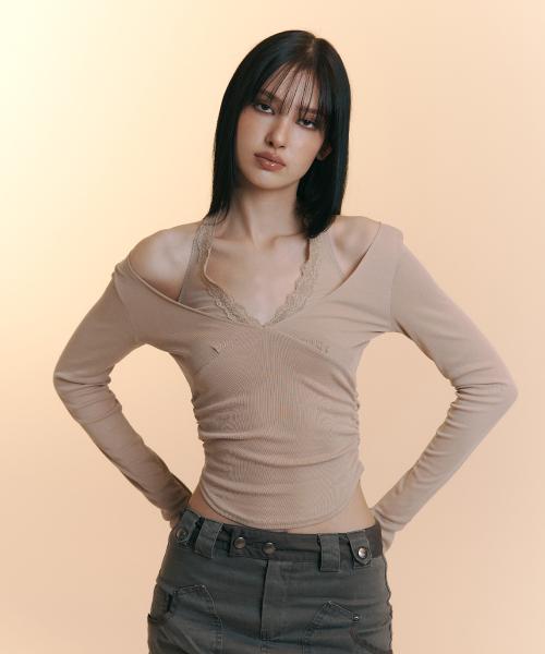 Amelia Lace Halter Long Sleeve Top  (Skin Beige)