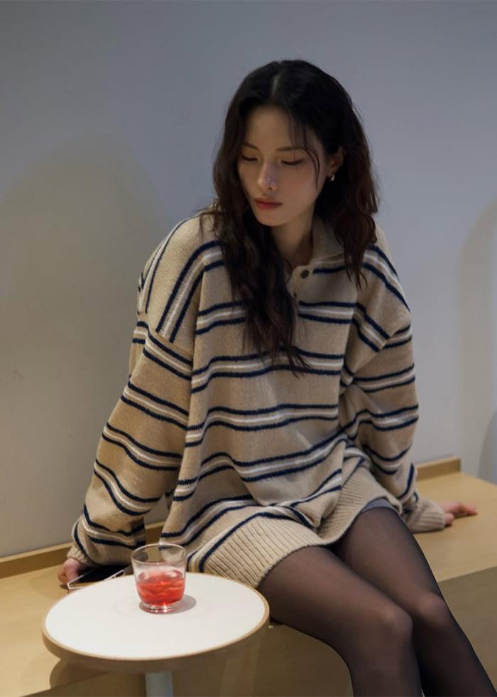 Wool Mohair Stripe Long Sleeve Knit_CTK235(Beige)