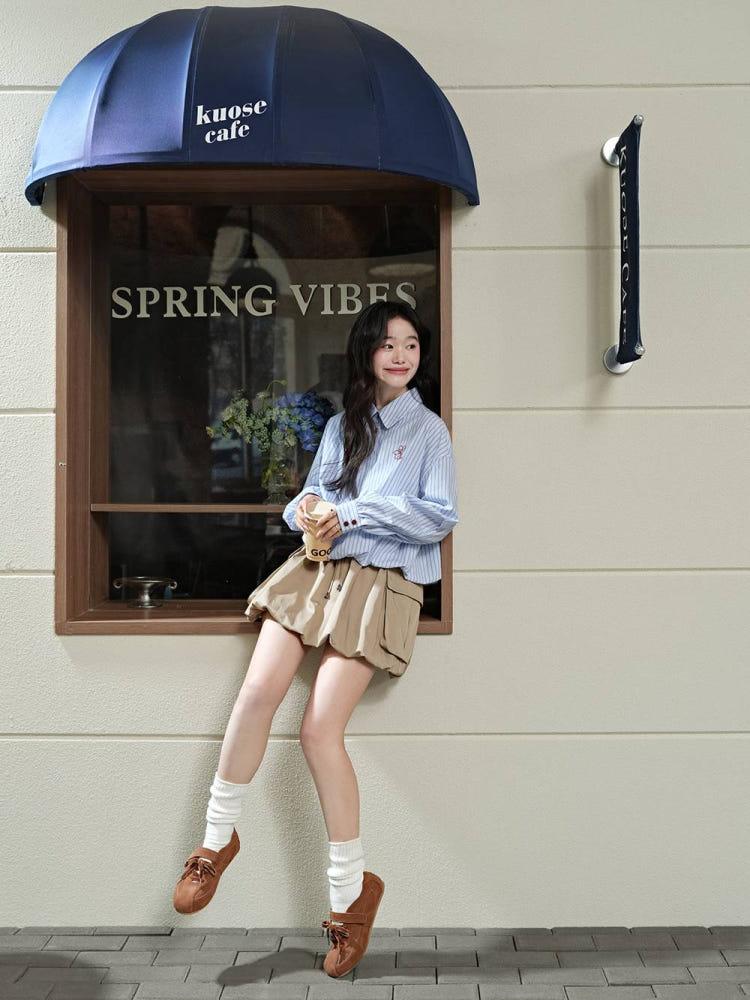 [KUOSE] 쿠오세 여성 스트라이프 퍼프 소매 루즈핏 블라우스