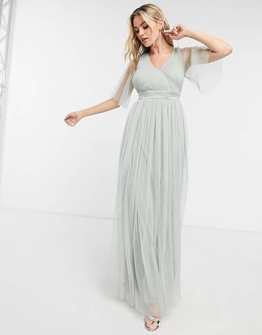 Anaya With Love Bridesmaid tulle flutter sleeve maxi dress in sage