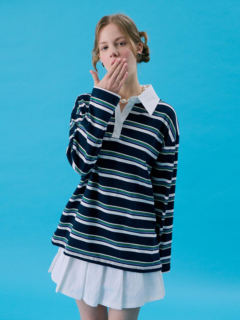 VOL11.Stripe Rugby Boxy T_Navy