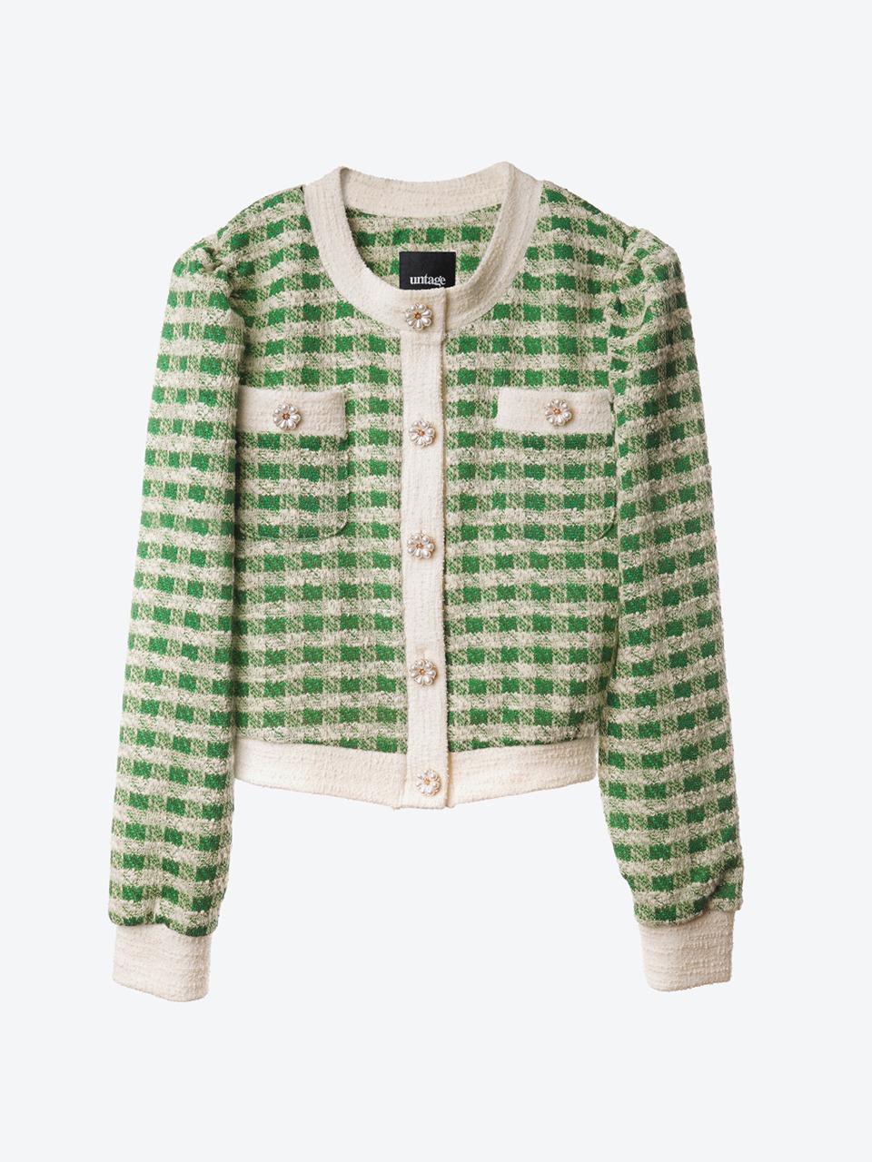 Gingham Bouclé Cropped Knit Cardigan (green)