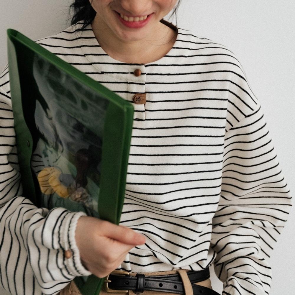 ODD MAKER 라운드넥 티셔츠 루즈핏 스트라이프 긴팔티