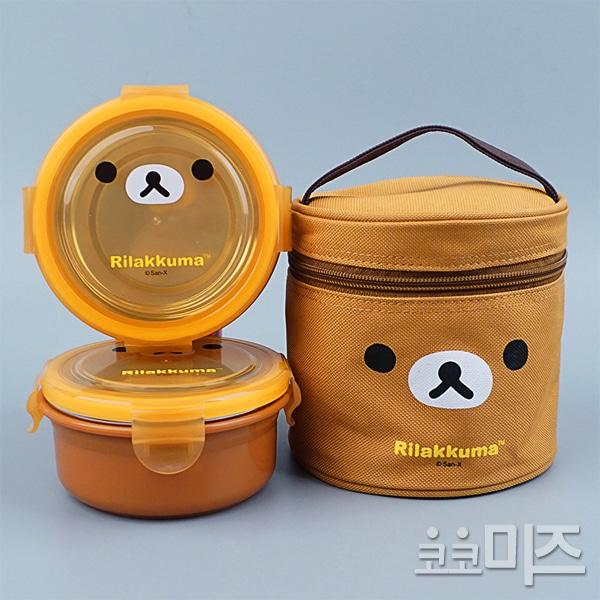 리락쿠마 가방 2단 원형 이중 스텐 도시락통(540ml 얼굴 브라운)  초등학교 입학 소풍 준비