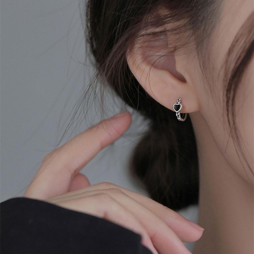 실버925 블랙 하트 원터치 미니 링 귀걸이 [실버] N313
