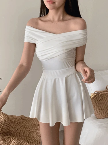 [M-XL] 엔젤 오프숄더 스커트 모노키니 수영복 세트