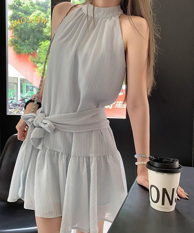 온어데일리 🖤타이 원피스 세트🖤 뮬리 홀터넥 타이 미니 원피스 (2color) // 여름 타이 투피스 세트 셋업 원피스 베이직 여리여리 홀터넥미니원피스 데이트룩 휴양지룩 (HJ-5052)