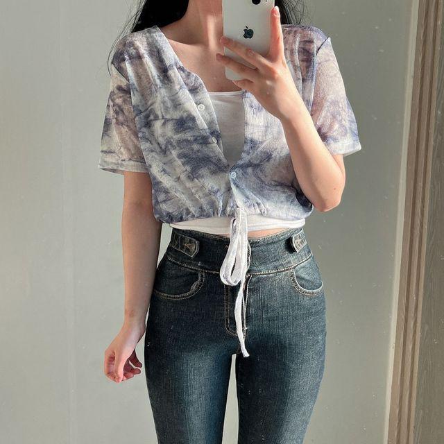 [여름신상/2color]물나염 타이다이 반팔 크롭 가디건