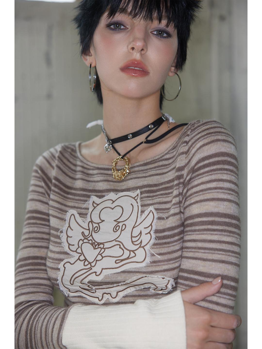 [G0076]Angel Girl's Embroidered Contrast-striped Long-sleeved