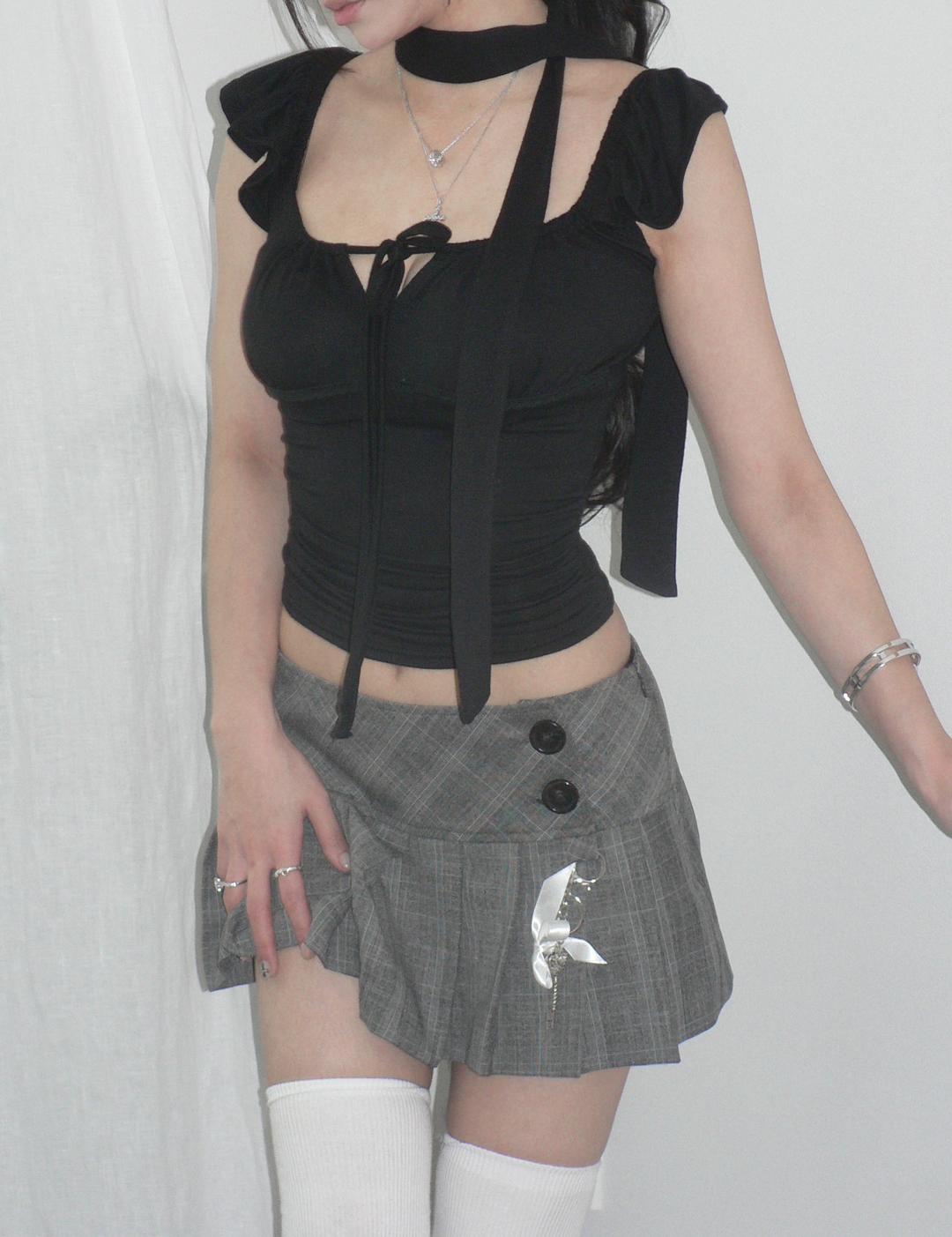 Lace tie top black (scarf set)