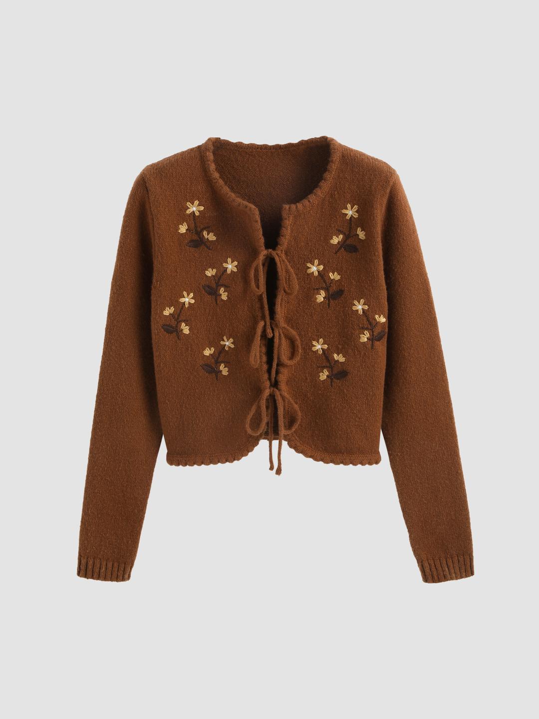 Floral Embroidery Knotted Cardigan