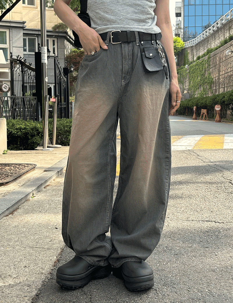 웰던 빈티지 워싱 스트라이프 와이드 데님 팬츠