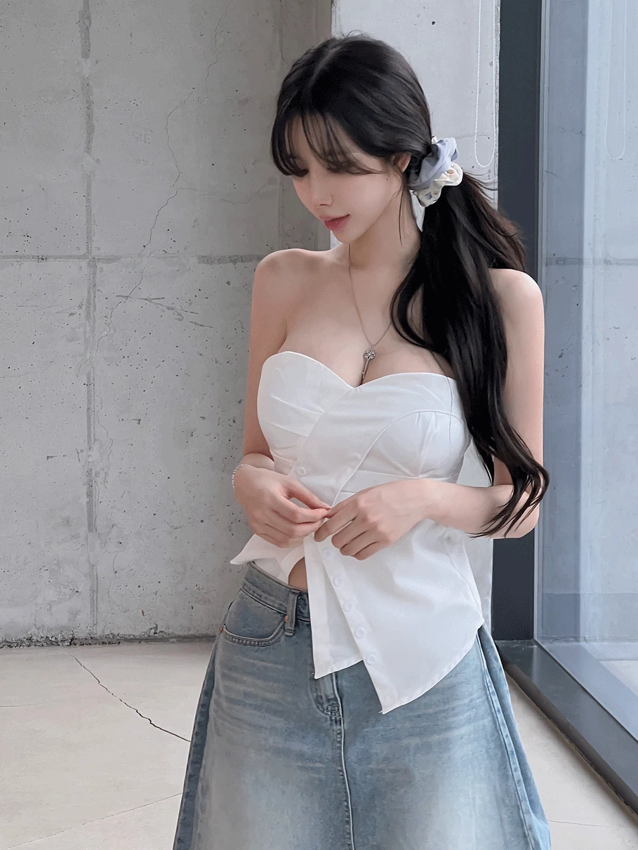 사선트임 랩 튜브탑 셔츠BL