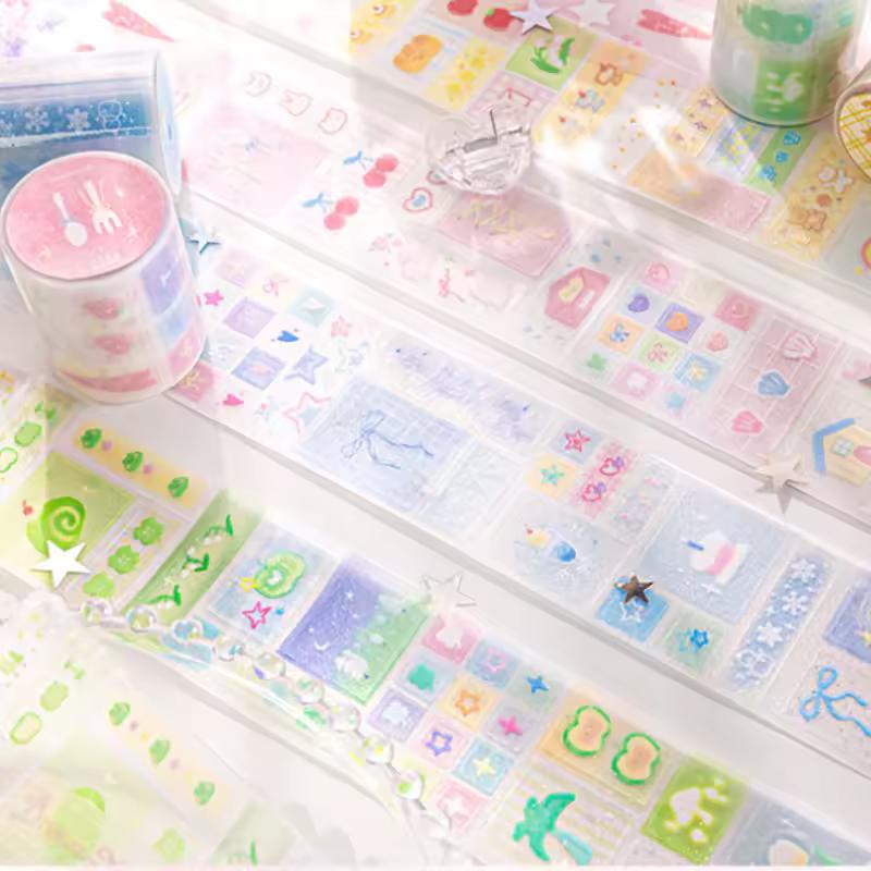 Kawaii Cartoon Scrapbook Journal Washi Tape Glitter Sweet Bow Clover Star Heart Style Masking Tape DIY Decor Photocard Sticker