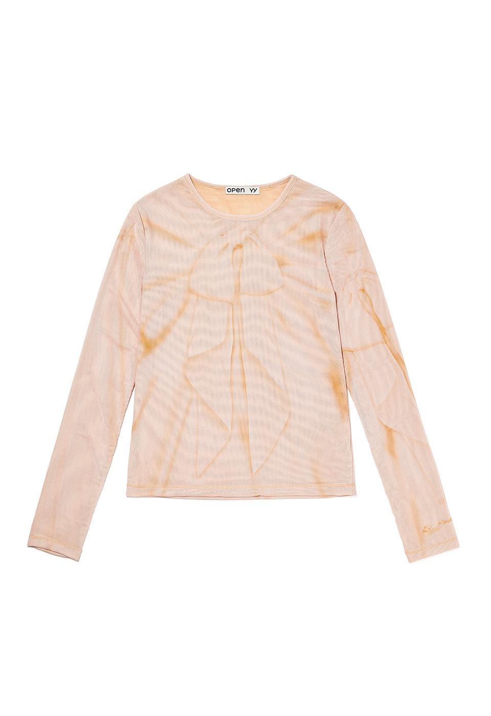 RIBBON PRINT MESH TOP, SALMON