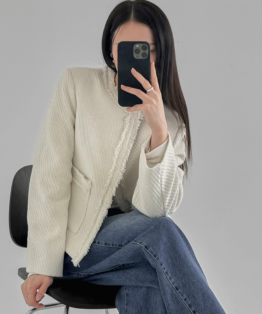 프린지 오픈 트위드 자켓