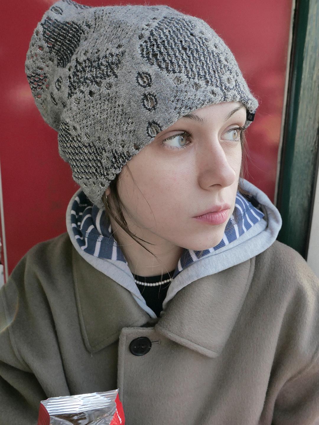 Crochet Knit Hat&Neck Warmer_Light Grey
