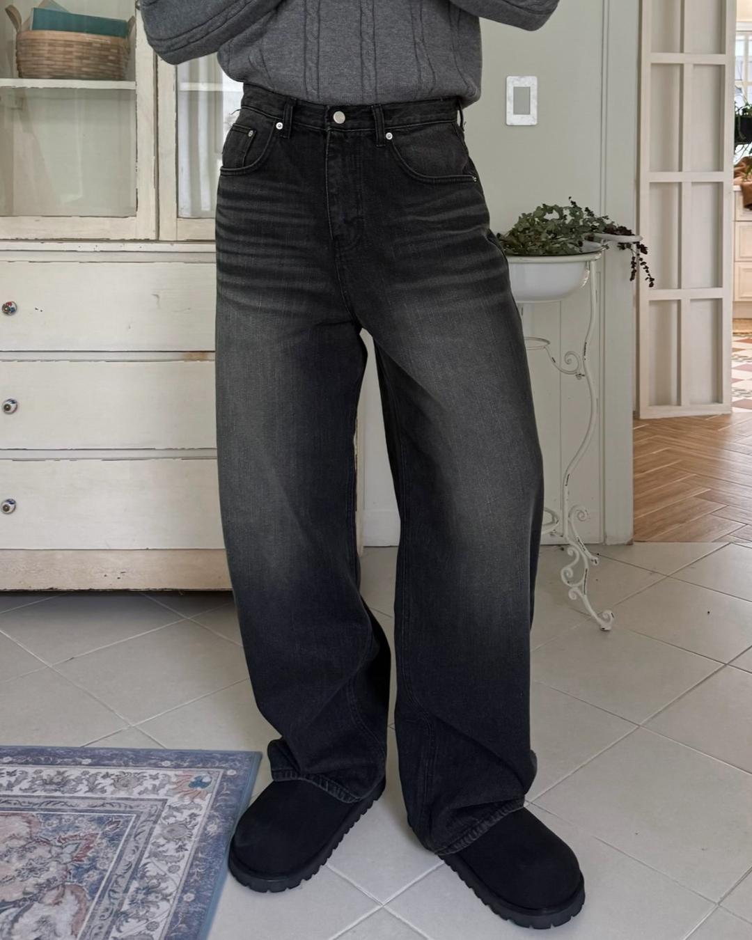 Yuna 슬라브 그린 워싱 데님 팬츠