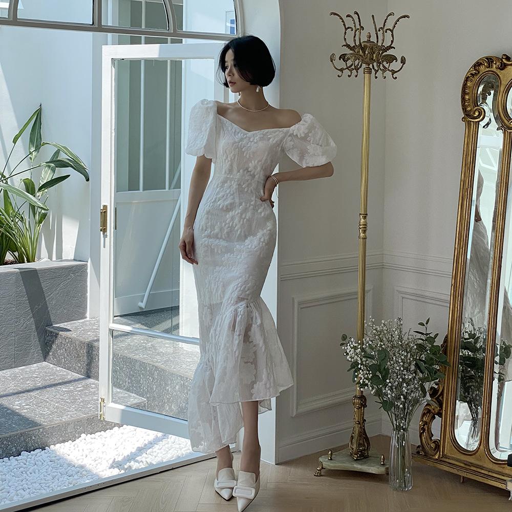 자가드 퍼프 머메이드 원피스 DR542