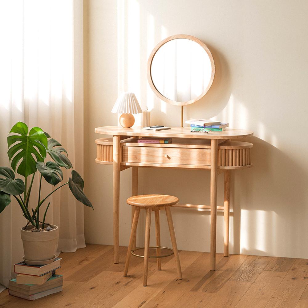 [희망일배송] 헤세 내추럴 템바보드 원목 수납 미니 화장대세트 (거울+원형스툴)