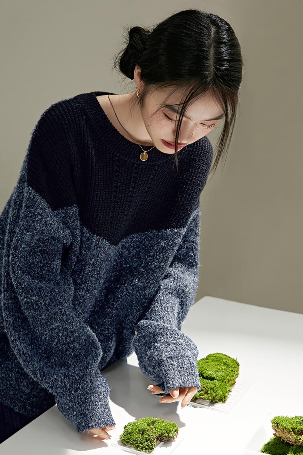 Loose Lazy Sweater Crew Neck Sweater Contrast Color Top