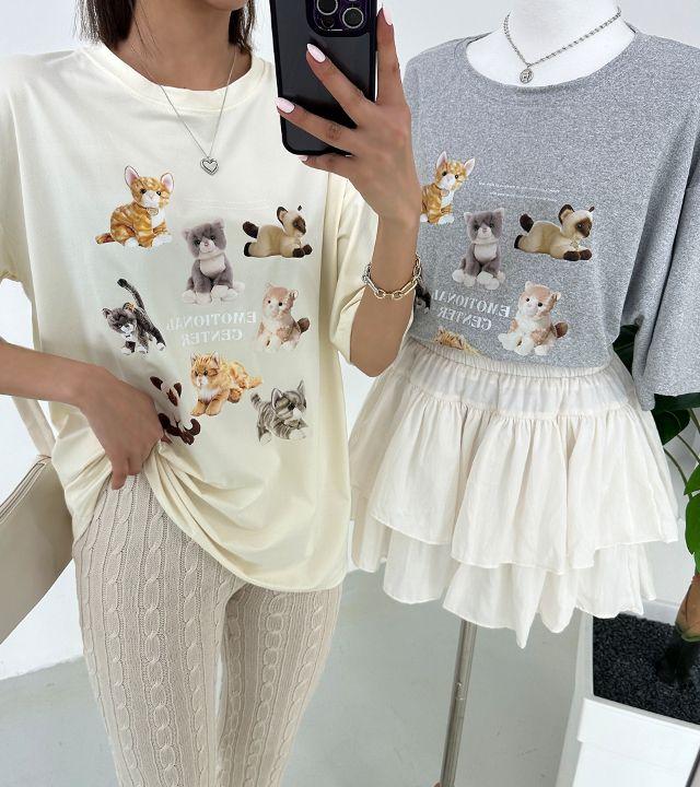 *냥냥이/오버핏/하이틴* 토이캣티 박스티 루즈핏 체형커버 하의실종 데일리룩 유니크 러블리 고양이 인형 데일리룩 꾸안꾸룩 캐주얼룩 반팔티 트윈룩 라운드넥 착한가격 프린팅티 귀염