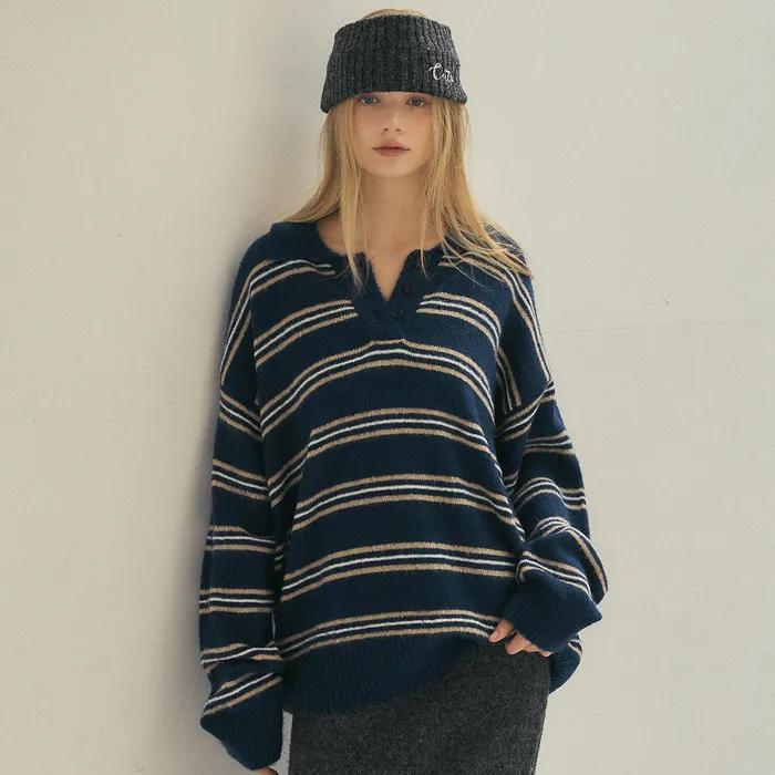 Wool Mohair Stripe Long Sleeve Knit_CTK235(Navy)
