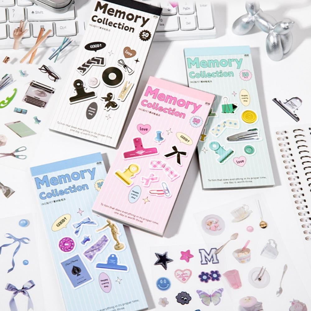 리본 단추 클립 소품 키치 레트로 다꾸 스티커북 50매 인스타 감성 다이어리꾸미기