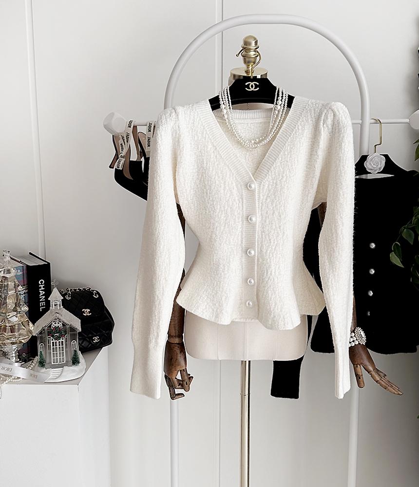 눈꽃 진주 버튼 퍼프 라운드 프릴 화이트 아이보리 니트 가디건