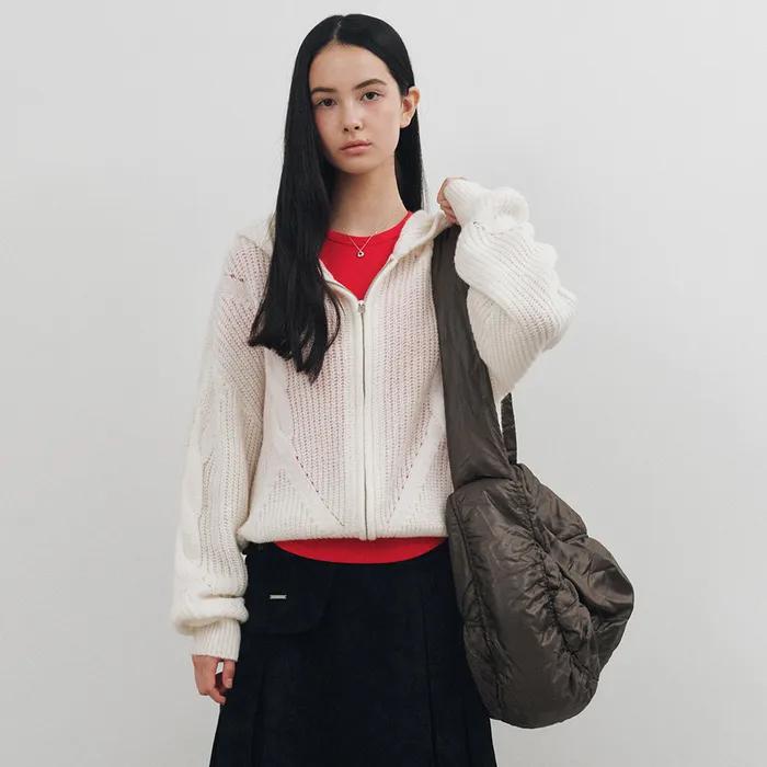 케이블 후드 알파카 니트 집업 가디건 아이보리 MDCD051IVORY