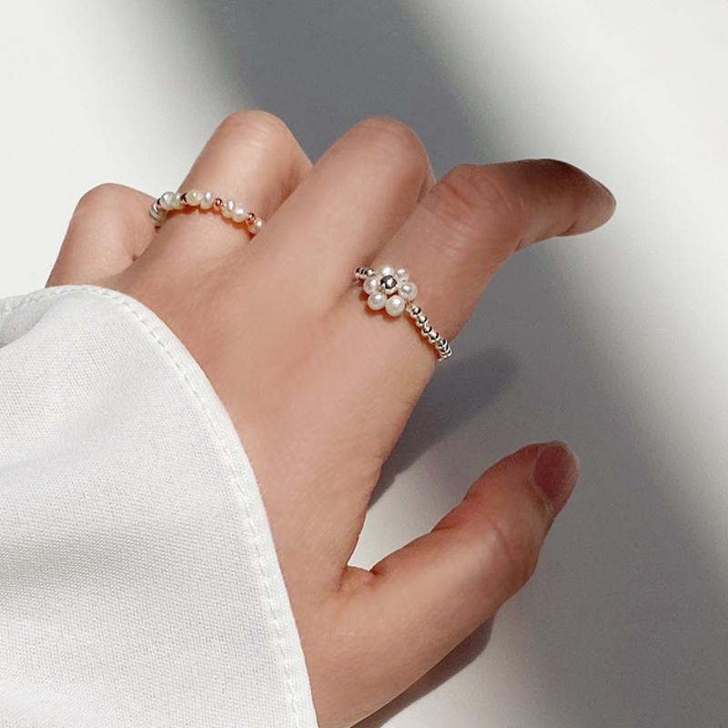 플라워 진주 실버 볼 레이어드 반지(all silver)