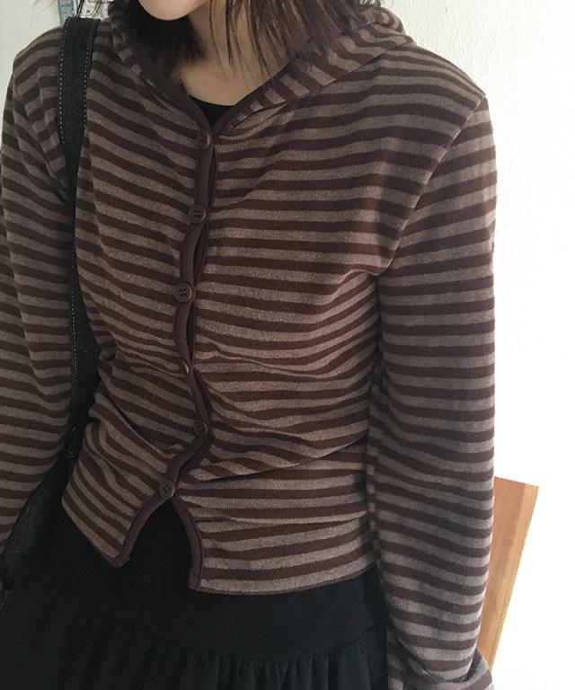 데일리쥬 블러스 스트라이프 후드 가디건